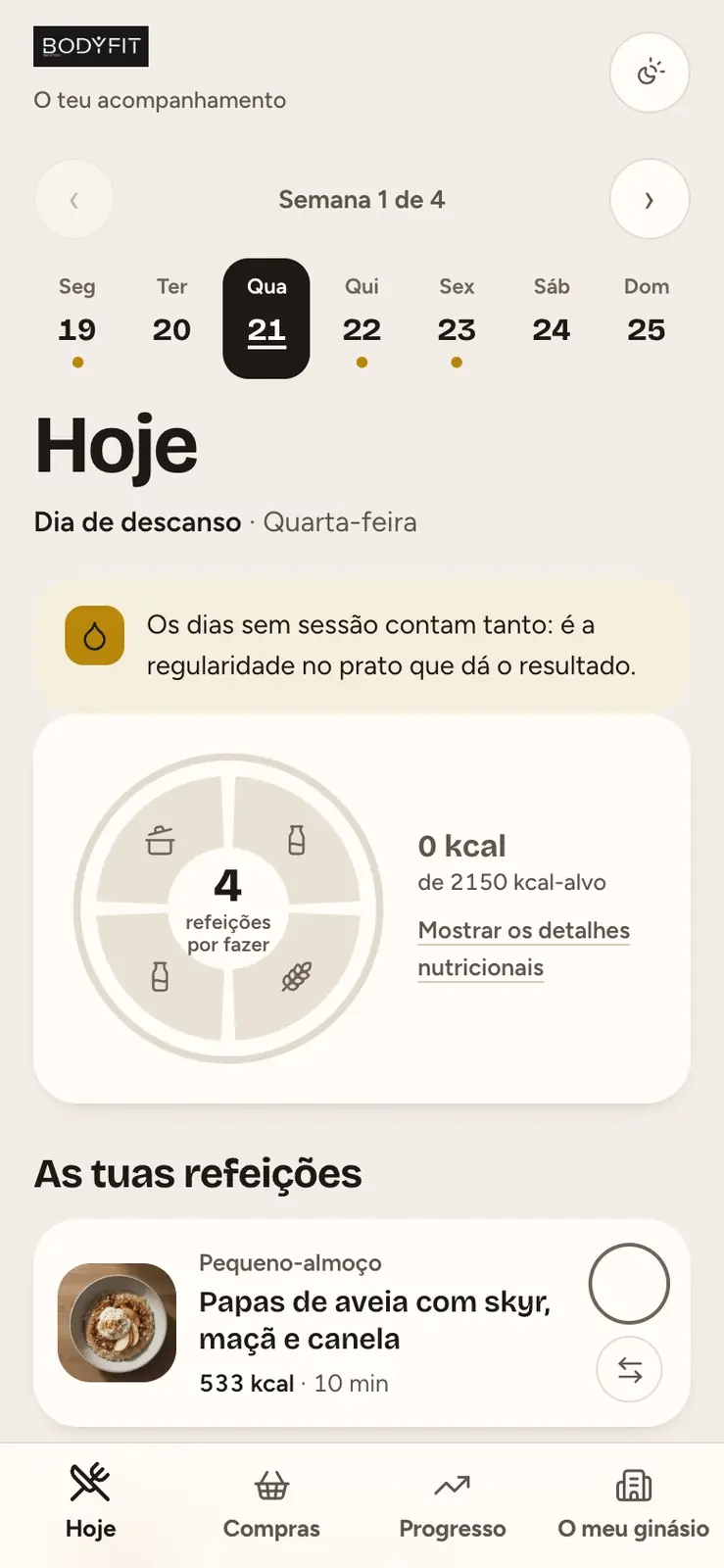 Aplicação BODYFIT Nutrição: o plano do dia